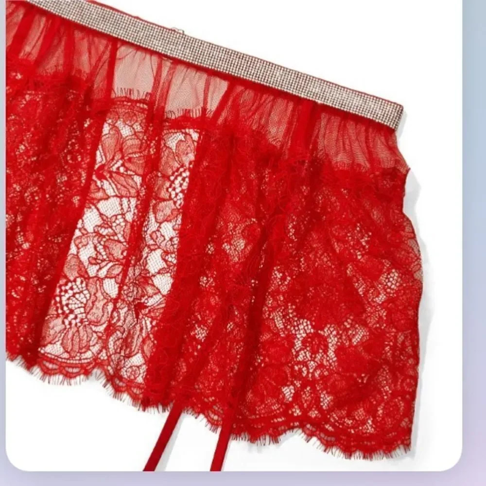 Victoria’s Secret Sexy Bling Rhinestone Shine Lace Skirt garter belt Red Xs / S
